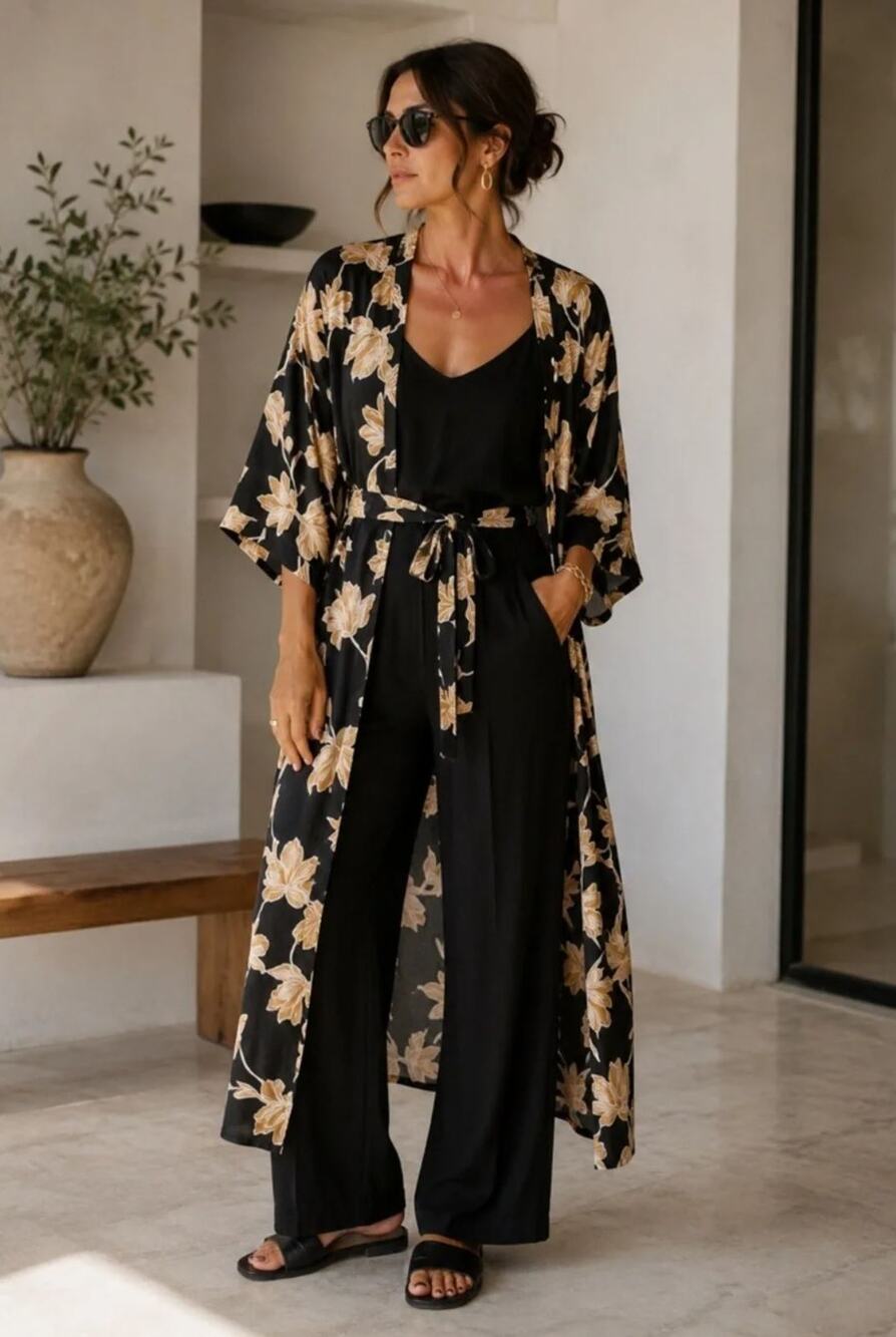 Anthropologie Maison Du Soir Selena Kimono S/M Black Gold Floral Duster Robe